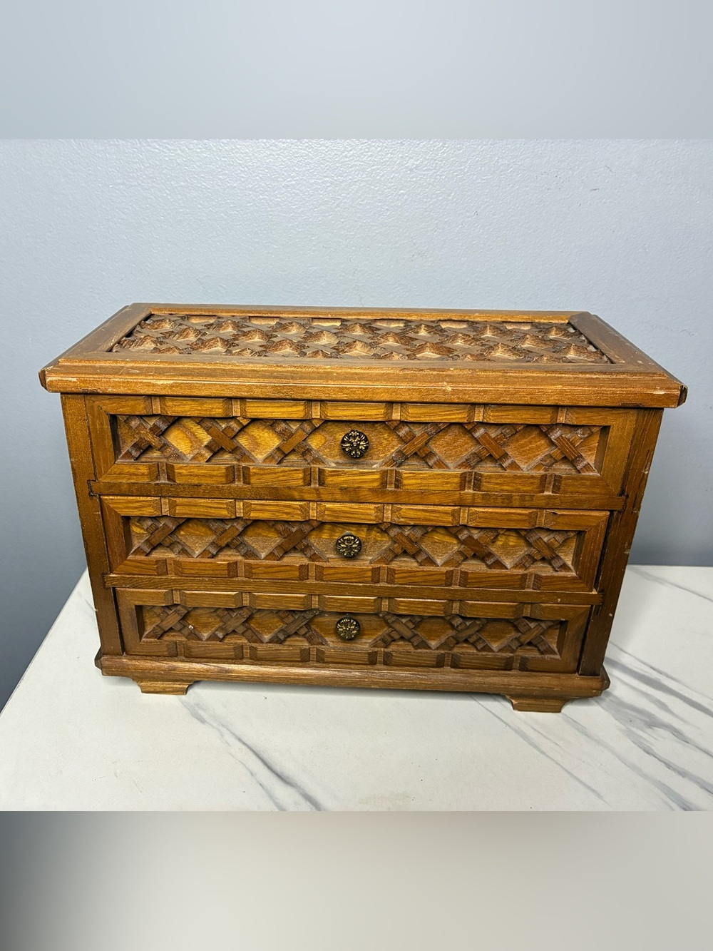 Farrington Japan Wooden Jewelry Box Chest 3 Drawer Carved Lattice Vintag
